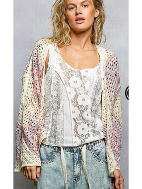 POL Open Front Crochet Cardigan With Granny Square Pattern One Size Pink Ivory